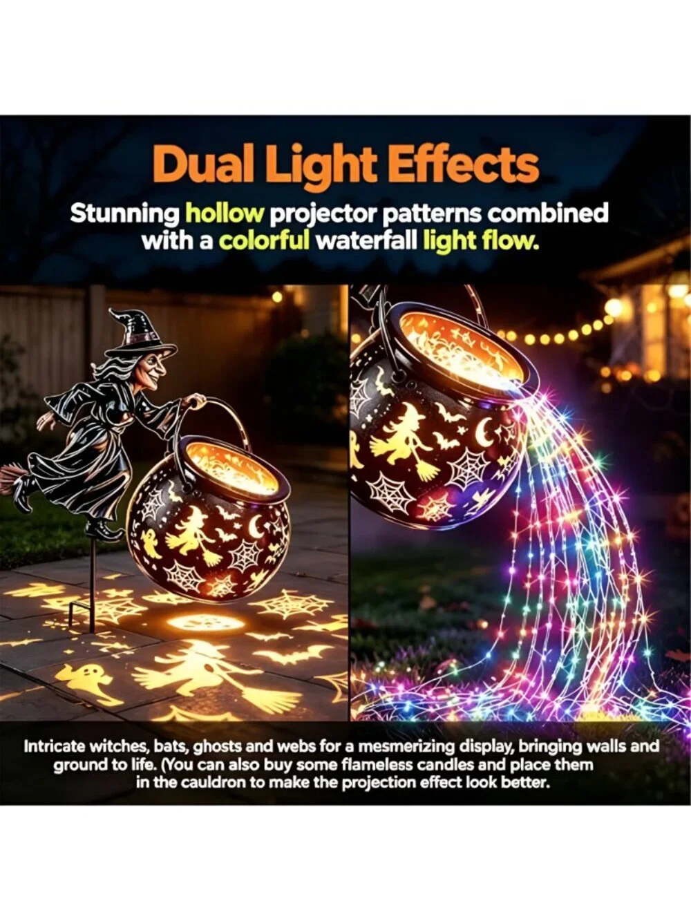 Halloween Witch Cauldron Garden Light,Colorful Waterfall-Style Light Flow
